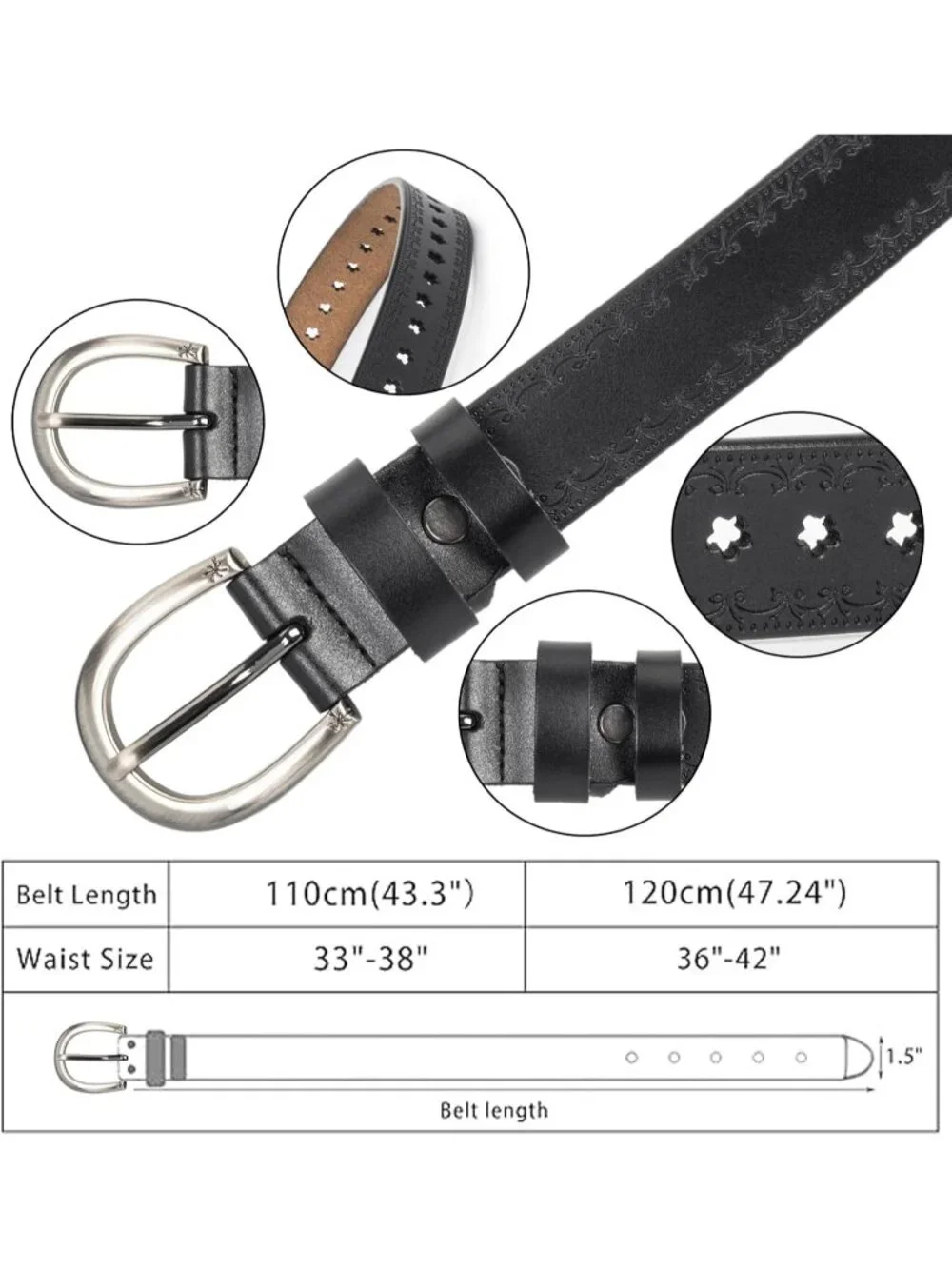 Women's Black-hollow Flowers Leather Belt Vintage Engraved Embossed Western